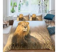 Lion in Savanna Housse de Couette Microfibre Hypoallergique 3 Pièces 3D Effet Confortable Wild Animal Photography Parure de Lit avec Fermeture Éclair Ultra Douce for Ado Super King（260x220cm）
