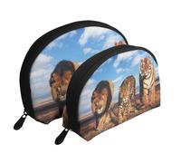 Lion, léopard et Tigre se Battent pour la Nourriture imprimé, Trousse de Maquillage Coquille Femme Petit Porte-Monnaie Trousse de Toilette Trousse à cosmétiques 2 pièces