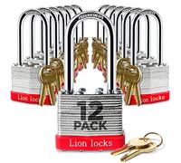 Lion Locks Cadenas à 12 clés identiques avec anse de 5,1 cm de long, 24 clés - Cadenas pour usage extérieur, serrures avec clés, boîtier en acier trempé, cylindre à goupille en laiton résistant au