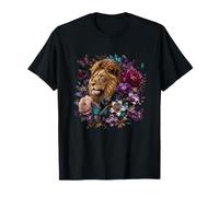 Lion majestueux avec Fleurs et Papillons Violets T-Shirt