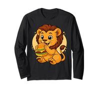 Lion Mignon Mangeant Un Hamburger drôle Kawaii Animal Food Lover Manche Longue