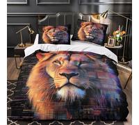 Lion numérique 3D Imprimé Housse de Couette 3 pièces Microfibre Lavable Machine Bug coloré Drap de Couette 2 taies éclair dissimulé déco Chambre Adulte Super King（260x220cm）