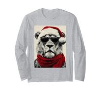 Lion Père Noël Lunettes de Soleil Chapeau Drôle Animal Hiver Manche Longue, Unisexe pour Adultes, Gris Chiné, XL