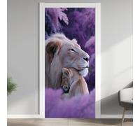 Lion Poster De Porte Trompe L'oeil, Faune Sauvage Auto-Adhésif Sticker Mural, pour Chambre Salon Cuisine, Fleur Violette Stickers Autocollants de Porte 85x215 cm