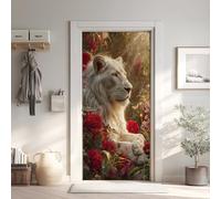 Lion Sticker Mural, Rose Rouge Autocollants De Porte Muraux Décoration Poster Mural 80x200 cm, Animal Stickers de Porte Imperméable Vinyle