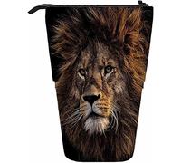 Lion Télescopique Crayon Papeterie Trousse Stylos Boîte De Rangement avec Fermeture Éclair pour Femmes Hommes Garçons Filles Crinière Prédateur Animal Cool Faune Furry Roi Visage Tête Nature Forêt