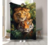 Lion Tigre Couverture Plaid Polaire Forêt Animaux Impression Flanelle Jeté de Canapé Douce Microfibre Couverture de Lit Convient Garçon Fille Chaude Hiver 1 Personne 100x130cm 1R537