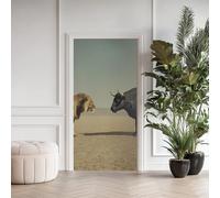 Lion Vache Stickers pour Papier Peint PVC Imperméable, Prairie Nature Porte Autocollants 3D Trompe L'Oeil, Faune Poster de Porte Amovible 63x205 cm