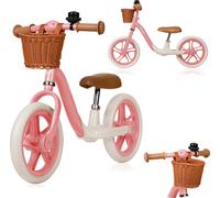 Lionelo Alex Plus Vélo de course pour enfants jusqu'à 30 kg Selle et guidon réglables 12 pouces Eva roues en mousse Panier et cloche Rose