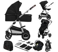 Poussette combinée 3en1 LIONELO Amber - Pack poussette canne, Nacelle, Siege auto, sac et accessoires - Noir/Argent