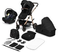 Poussette combinée 3en1 LIONELO Amber - Pack poussette canne, Nacelle, Siege auto, sac et accessoires - Noir/Or