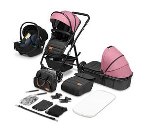 LIONELO Amber 3 in 1 poussette multifonctionnellle, landau, ensemble poussette avec siège sport et nacelle fixe, sac, moustiquaire, couvrir, feuille de pluie mit siege auto (Pink)