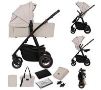 LIONELO Amber Plus - Poussette 2-en-1 0 à 4 ans jusqu'à 22 kg avec baignoire, dossier réglable, harnais 5 points, grandes roues 360o, housse XXL, landau (Beige)