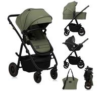 LIONELO AMBER PLUS poussette multifonctionnelle 3 en 1 de 0 à 4 ans jusqu'à 22 kg avec nacelle XL, siège auto jusqu'à 13 kg, dossier réglable, grandes roues tout-terrain 360o, capote XXL (Green)
