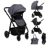LIONELO AMBER PLUS poussette multifonctionnelle 3 en 1 de 0 à 4 ans jusqu'à 22 kg avec nacelle XL, siège auto jusqu'à 13 kg, dossier réglable, grandes roues tout-terrain 360o, capote XXL (Grey)