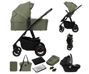 LIONELO AMBER PLUS poussette multifonctionnelle 3 en 1 de 0 à 4 ans jusqu'à 22 kg avec nacelle XL, siège auto jusqu'à 13 kg, dossier réglable, grandes roues tout-terrain 360o, capote XXL (Green)