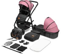 Poussette combinée 2en1 LIONELO Amber - Pack poussette canne, Nacelle, Sac et accessoires - Grand rous gonflables - Rose