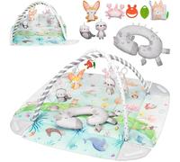 Lionelo Anika Natural tapis d’eveil bebe en bambou, 8 jouets bébé amovibles, arche d'eveil bebe, coussin tummy time, dès la naissance (Natural)