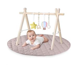 LIONELO Anis Ensemble d'éveil avec arche de jeu pliable en bois et jouets détachables, grand tapis d'éveil en coton de 100 cm, doux et antidérapant (2 cm d'épaisseur), tapis d'éveil