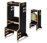 LIONELO Cass Tour Montessori pour Enfants 3en1 de 1 an à 30kg - Aide-Cuisine, étagère à Livres et Tour d'apprentissage pour Enfants, Tabouret de sécurité Stable à Hauteur réglable (Black)