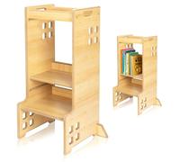LIONELO Cass Tour d’Observation Montessori 2 en 1 - Kitchen Helper et Bibliothèque, Bois Stable Sécurisé, 3 Hauteurs Réglables, Charge 30 kg, Design Élégant, Facile à Nettoyer, Bois Naturel