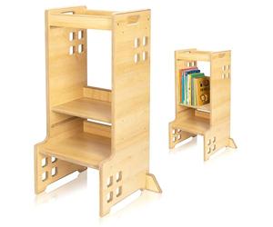 LIONELO Cass Tour d’Observation Montessori 2 en 1 - Kitchen Helper et Bibliothèque, Bois Stable Sécurisé, 3 Hauteurs Réglables, Charge 30 kg, Design Élégant, Facile à Nettoyer, Bois Naturel