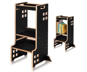 LIONELO Cass Tour Montessori pour Enfants 3en1 de 1 an à 30kg - Aide-Cuisine, étagère à Livres et Tour d'apprentissage pour Enfants, Tabouret de sécurité Stable à Hauteur réglable (Black)