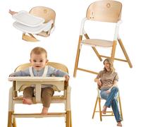 LIONELO Celia Chaise haute évolutive en bois, de 6 mois à 90 kg, réglable, harnais 5 points, coussin d'assise confortable, facile d'entretien - Natural