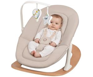 Lionelo Celia Rocker Transat Bébé dès la Naissance, Base en Bois de Hêtre | Dossier inclinable 2 positions, harnais 5 points, housse lavable à 30°C, bascule manuelle, arche avec 2 jouets, poids 3,4 kg