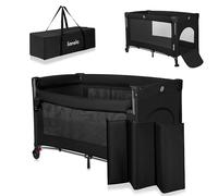 LIONELO ELLEN 3 en 1 Lit de Voyage de 0 à 3 ans, Cododo Pour Nouveau-nés et Enfants Plus Âgés jusqu'à 15 kg, 2 Hauteurs de Matelas, Sangles d'attache, Verrouillage Latéral, 2 Roues, Sac (Black)