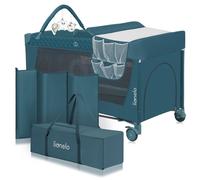 Lionelo Flower Lit de voyage pour bébé Parc pour bébé avec entrée latérale Table à langer deux hauteurs de suspension de matelas Arche de jouets avec personnages de jeu-Vert Turquoise