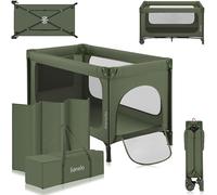 lionelo Jasmin Easy FoldLit de Voyage pour Enfants jusqu'à 15 kg de 0 à 36 Mois Matelas Mousse T25, 2 hauteurs, Facile à Plier Easy Fold, Accès latéral, roulettes (Grey) (Green)