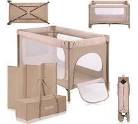 lionelo Jasmin Easy FoldLit de Voyage pour Enfants jusqu'à 15 kg de 0 à 36 Mois Matelas Mousse T25, 2 hauteurs, Facile à Plier Easy Fold, Accès latéral, roulettes (Grey) (Beige)