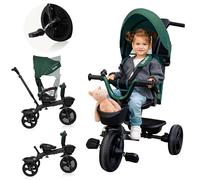 LIONELO Kori 2en1 Tricycle bébé évolutif de 1,5 jusqu'à 25 kg, siège Rotatif à 360 degrés, Roue Libre Dossier réglable, Porte-gobelet, Sac fermé, 2 paniers spacieux (Vert)