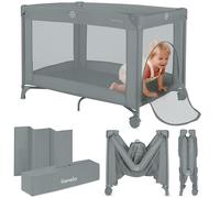 Lionelo Lit de Voyage pour Bébé Amelie de la Naissance à 15 kg, Petit, Pliable, Matelas Pliable Moelleux, 100,5x70,5 cm, 2 Roues, Entrée Latérale, Sac de Transport (Grey)