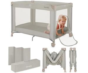 lionelo Lit de Voyage pour Bébé Amelie de la Naissance à 15 kg, Petit, Pliable, Matelas Pliable Moelleux, 100,5x70,5 cm, 2 Roues, Entrée Latérale, Sac de Transport (Beige)