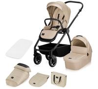 LIONELO MERIL 2 en 1 Poussette Bébé 0 à 48 Mois Jusqu'à 22 kg, Nacelle XXL Jusqu'à 9 kg, Grandes Roues Tout-terrain 360 °, Siège Inclinable Position Allongée Amortissement Complet Auvent XXL (Beige)