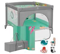 Lionelo Parc bébé Mille Plus 100x100 cm – Matelas haute densité, roulettes, jouets à scratch – Vert
