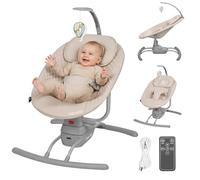 LIONELO RIO Transat Balancelle Électrique pour Bébés jusqu'à 9 kg Dossier Réglable, 3 vitesses de Balancement, Coussin, Sangles de Sécurité, Mélodies et Sons de la Nature, Bâtonnet pour Jouet, Légère