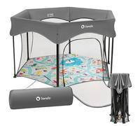 LIONELO Roel Plus - Parc Enfants jusqu'à 15 kg, 6 à 36 mois - 134 x 74 x 67 cm - Entrée Latérale à Fermeture Éclair, Côtés en Filet Aéré, Sac de Transport, Sécurité LockGuard