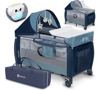 Lionelo Sven Plus 2in1 Lit Bébé Parc Bébé jusqu'à 15 kg Matelas à langer Parois latérales aérées avec entrée latérale - Bleu