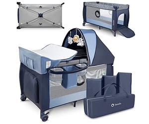 Lionelo Sven Plus Lit de voyage 2 en 1 et parc portable pour nouveau-nés de 0 à 36 mois pliable avec 2 hauteurs de hauteur, table à langer, matelas, entrée latérale, parois en maille, moustiquaire,
