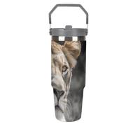 Lioness - Gobelet de 887 ml avec paille - Tasse de voyage isotherme en acier inoxydable avec poignée - Tasse à café sous vide à double paroi - Couvercle anti-fuite, garde les boissons chaudes/froides
