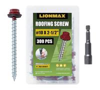 LIONMAX Lot de 300 vis de toiture en métal #10 × 6,3 cm, vis de toit à tête hexagonale peinte en rouge foncé, rondelle en caoutchouc, pointe pointue, vis de bardage métal sur bois, douille hexagonale