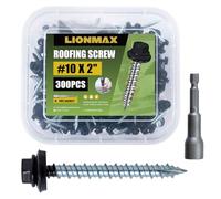 LIONMAX Lot de 300 vis de toiture en métal #10 x 5,1 cm, vis de toit à tête hexagonale peinte en noir, rondelle en caoutchouc, pointe pointue, vis de bardage métal au bois, douille hexagonale incluse