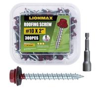 LIONMAX Lot de 300 vis de toiture en métal #10 x 5,1 cm, vis de toit à tête hexagonale peintes en rouge foncé, rondelle en caoutchouc, pointe pointue, vis de bardage métal au bois, douille hexagonale