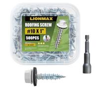 LIONMAX Lot de 500 vis de toiture en métal #10 × 2,5 cm, vis de toit à tête hexagonale peintes en blanc, rondelle en caoutchouc, pointe pointue, vis de bardage métal au bois, douille hexagonale