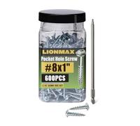 LIONMAX Lot de 600 vis de poche #8 x 2,5 cm, vis à bois à filetage grossier, tête rondelle, vis d'entraînement carrées pour trou de poche, autotaraudeuses, plaquées zinc, résistantes à la rouille,