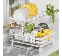 LIONONLY Egoutoire Vaisselle 2 Niveaux,Grande Égouttoir Vaisselle avec Plaque de Drainage,Acier Inoxydable Séchoir à Vaisselle avec Porte-Gobelets et Porte-Ustensiles et Buse Rotative