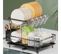 LIONONLY Egoutoire Vaisselle 2 Niveaux,Grande Égouttoir Vaisselle avec Plaque de Drainage,Acier Inoxydable Séchoir à Vaisselle avec Porte-Gobelets et Porte-Ustensiles et Buse Rotative